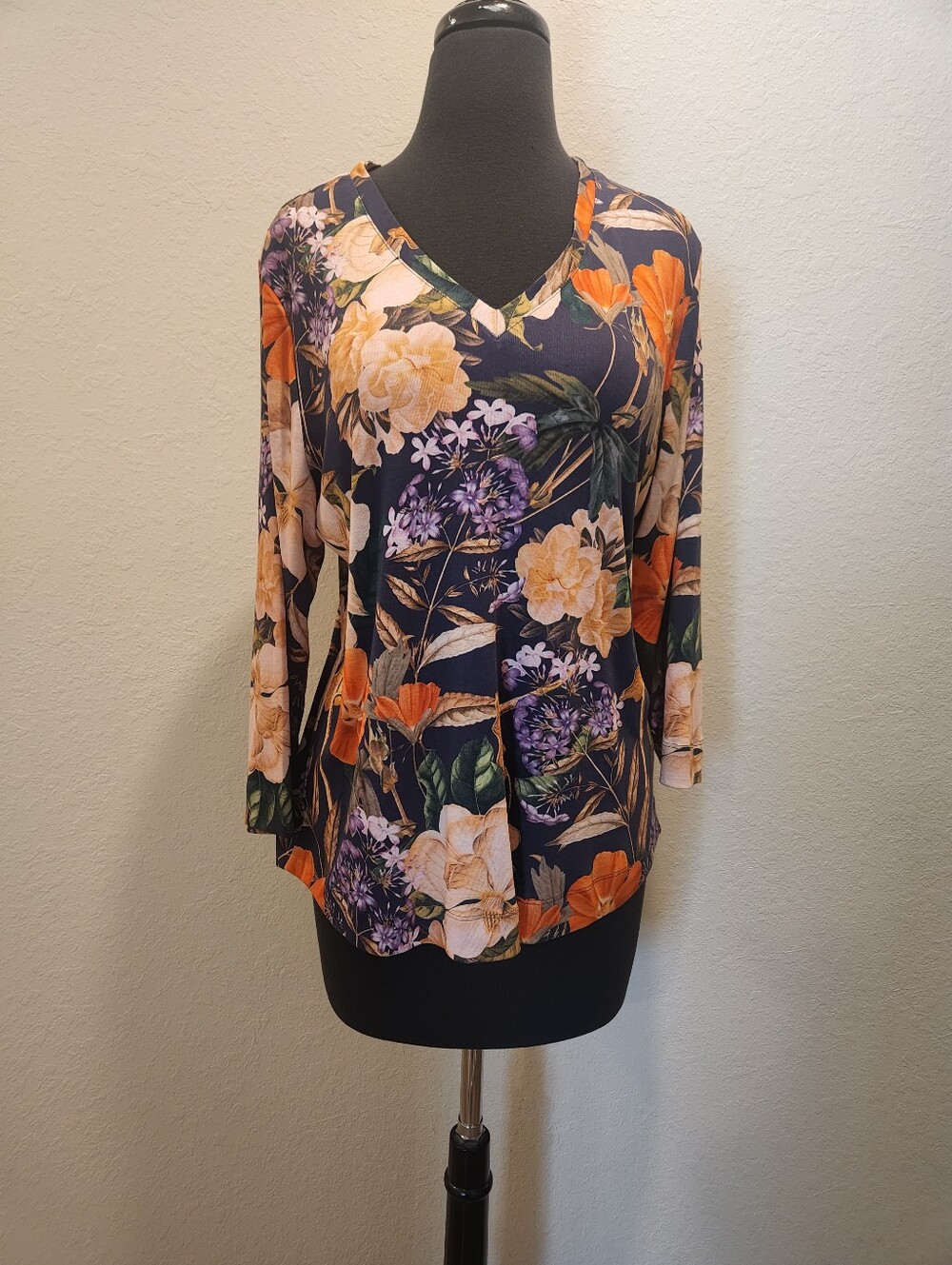Chico's Navy Floral V-Neck Tunic with Orange & Cream Blooms